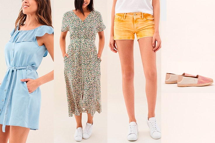 Vestido vaquero (55,97€), Vestido print (63,36€), Short push up (49,95€), Alpargatas color lavado (34,97€).