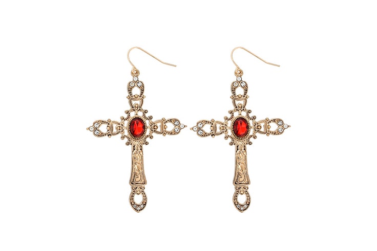 pendientes de cruz dorada con piedra roja de bijou brigitte